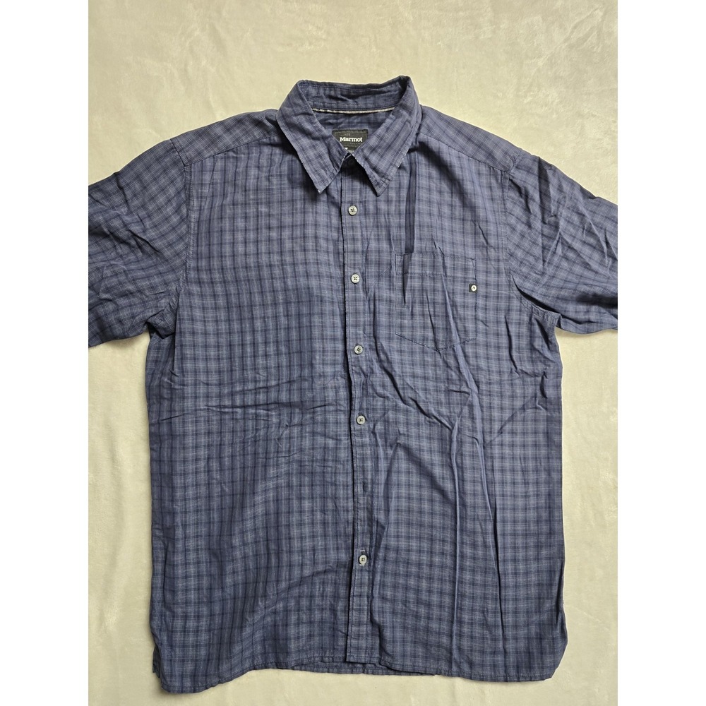 Marmot Shirt Mens L Blue Plaid Short Sleeve Button-Up Outdoors